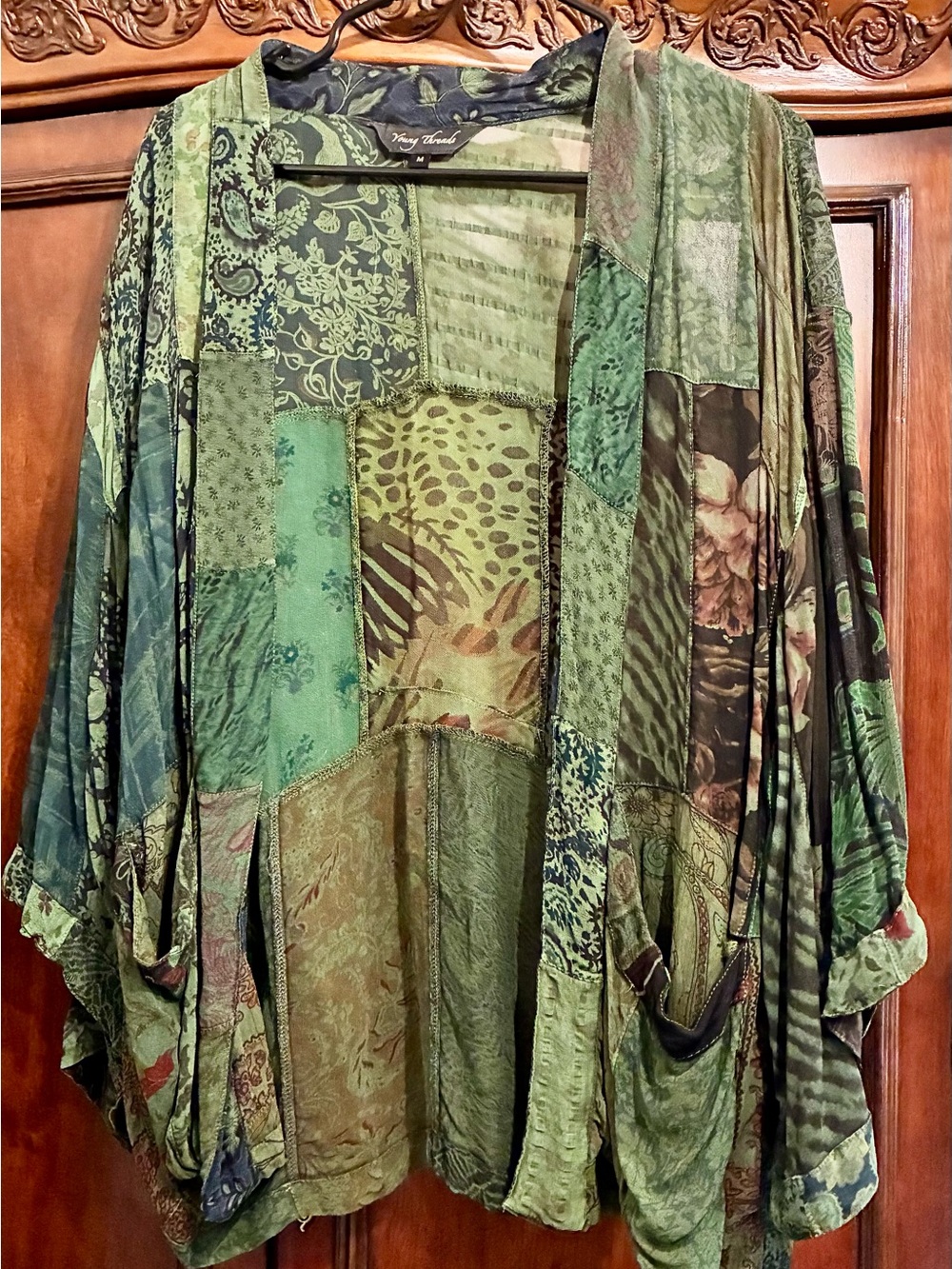🌿 Young Threads Boho Green Patchwork Kimono NWOT 🌿
